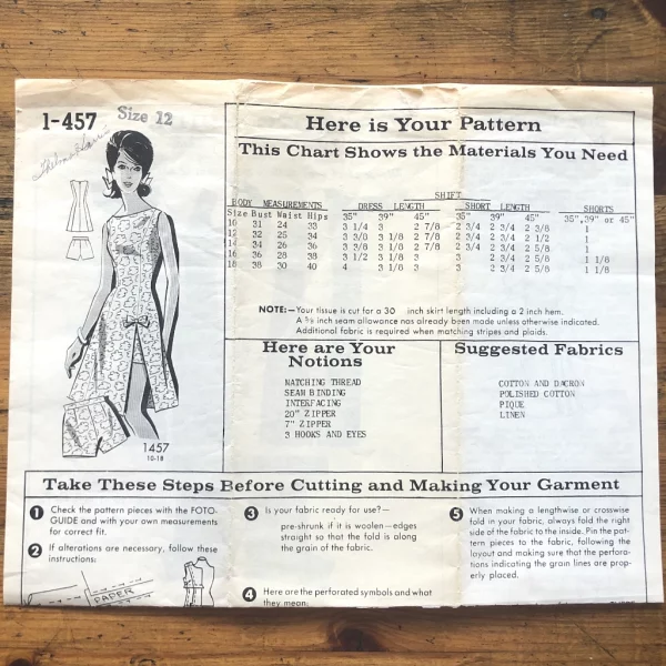 mail order #1-457; circa 1964; women 12; bust 32"; playsuit; paper sewing pattern - instruction
