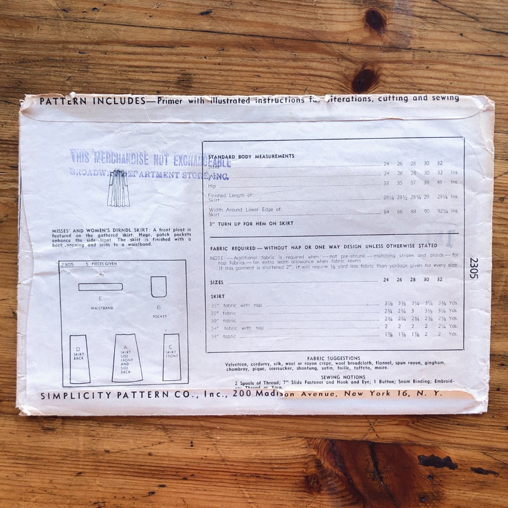 simplicity 2305; ©1948; waist 24": dirndl skirt; paper sewing pattern - back