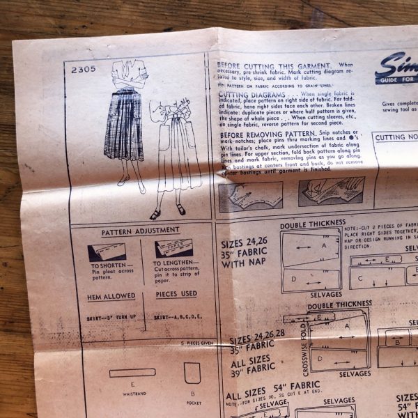 simplicity 2305; ©1948; waist 24": dirndl skirt; paper sewing pattern - instruction
