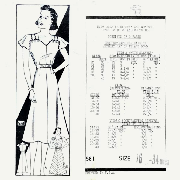 bias frock pattern; mail order #581; circa 1937; miss 16; bust 34"; paper sewing pattern - detail