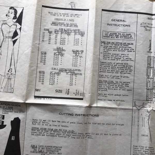 mail order #581; circa 1937; miss 16; bust 34"; bias frock paper sewing pattern - instruction