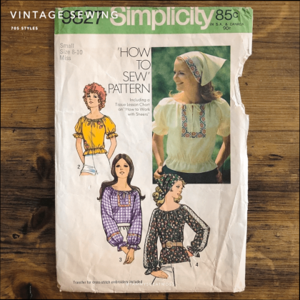 simplicity #9827; ©1971; miss S; bust 31.5-2.5": boho blouse; paper sewing pattern - cover