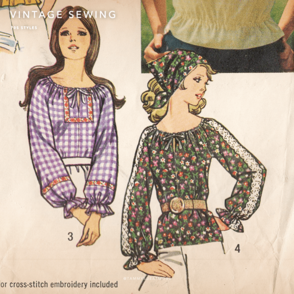 simplicity #9827; ©1971; miss S; bust 31.5-2.5": boho blouse; paper sewing pattern - detail