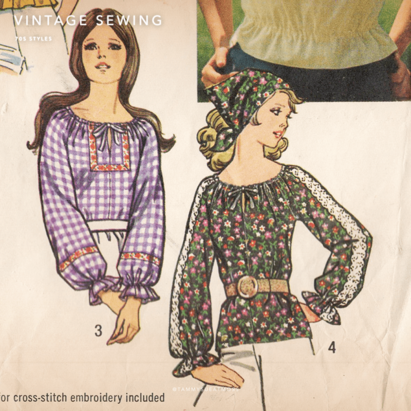 simplicity #9827; ©1971; miss S; bust 31.5-2.5": boho blouse; paper sewing pattern - detail