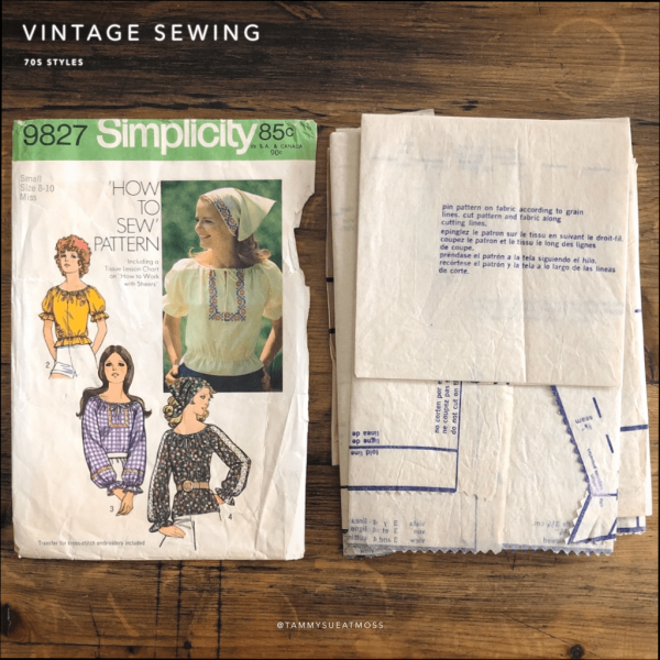 simplicity #9827; ©1971; miss S; bust 31.5-2.5": boho blouse; paper sewing pattern - pieces