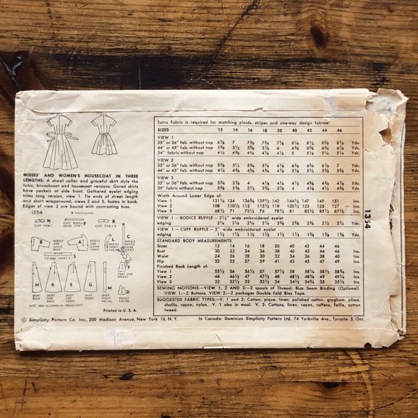 simplicity 1354; ©1955; miss; bust 32": housecoat; paper sewing pattern - envelope back