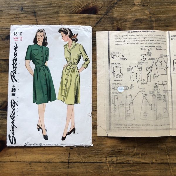 simplicity #4840; ©1943; bust 32; miss 14; fringe dress; paper sewing pattern - instruction quality