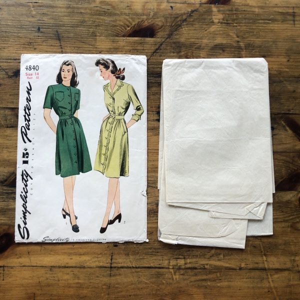 simplicity #4840; ©1943; bust 32; miss 14; fringe dress; paper sewing pattern - pieces