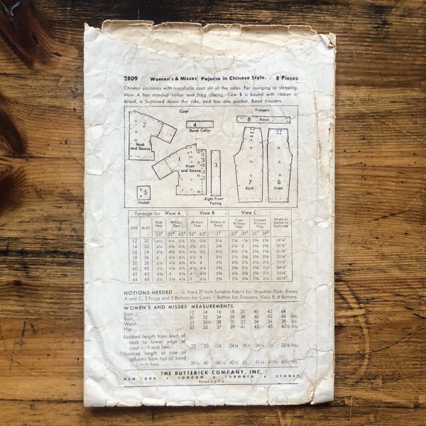 b2809 envelope back butterick 2809; ©1943; miss 14; B32"; oriental pj; paper sewing pattern - envelope back