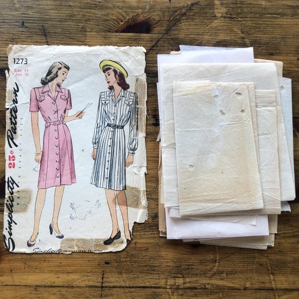 simplicity #1273; ©1944; miss 14; bust 32; 1940s utility dress; paper sewing pattern - pieces