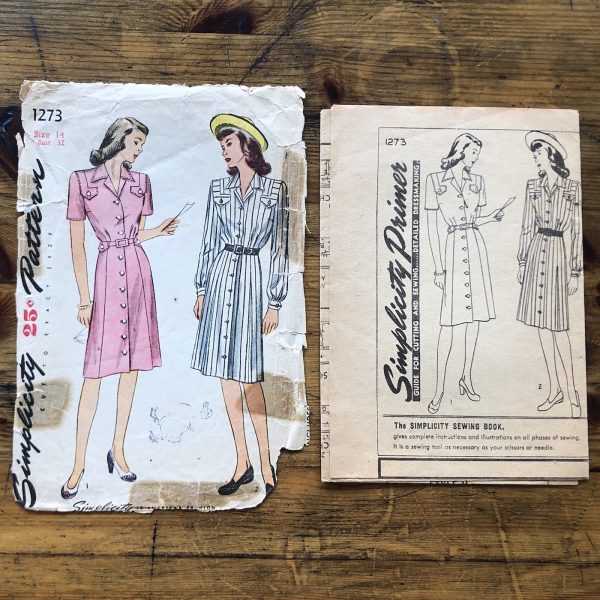simplicity #1273; ©1944; miss 14; bust 32; 1940s utility dress; paper sewing pattern - instruction