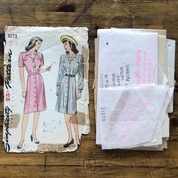 simplicity #1273; ©1944; miss 14; bust 32; 1940s utility dress; restored paper sewing pattern - restored pieces