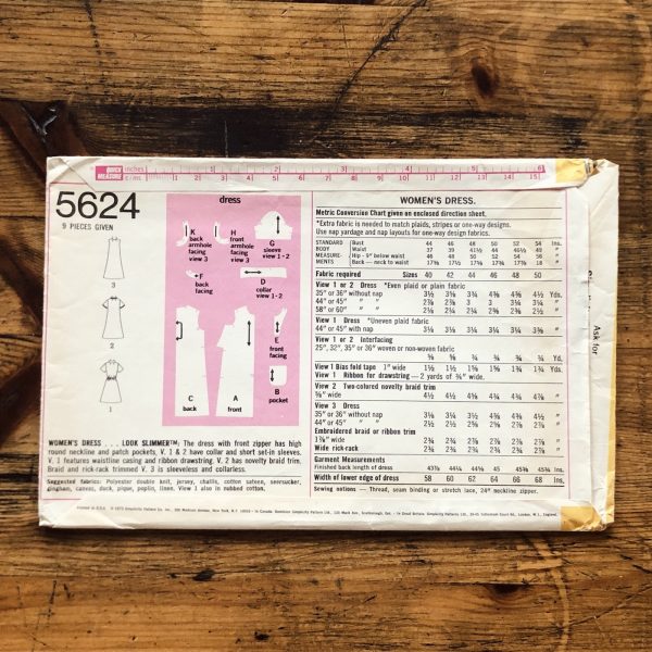 s5624 envelope back 1973 casual dress pattern | simplicity #5624 back envelope
