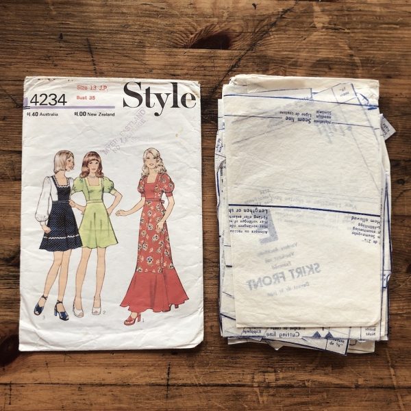 style 4234; ©1973; bust 35; jr petite 13: prairie dress; paper sewing pattern - pieces