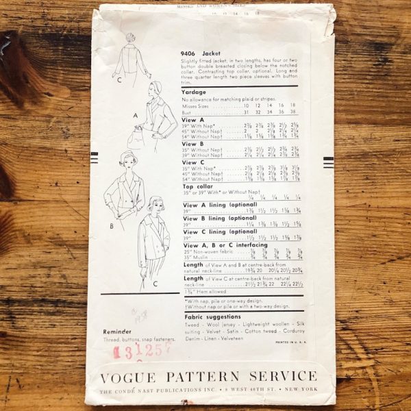 v9406back vogue 9406; ©1958; woman 14; bust 34: short coat & jacket pattern - back