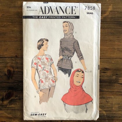 advance #7858; ©1956; bust 30-32”; miss S; hood & sports shirt paper sewing pattern - front of envelope