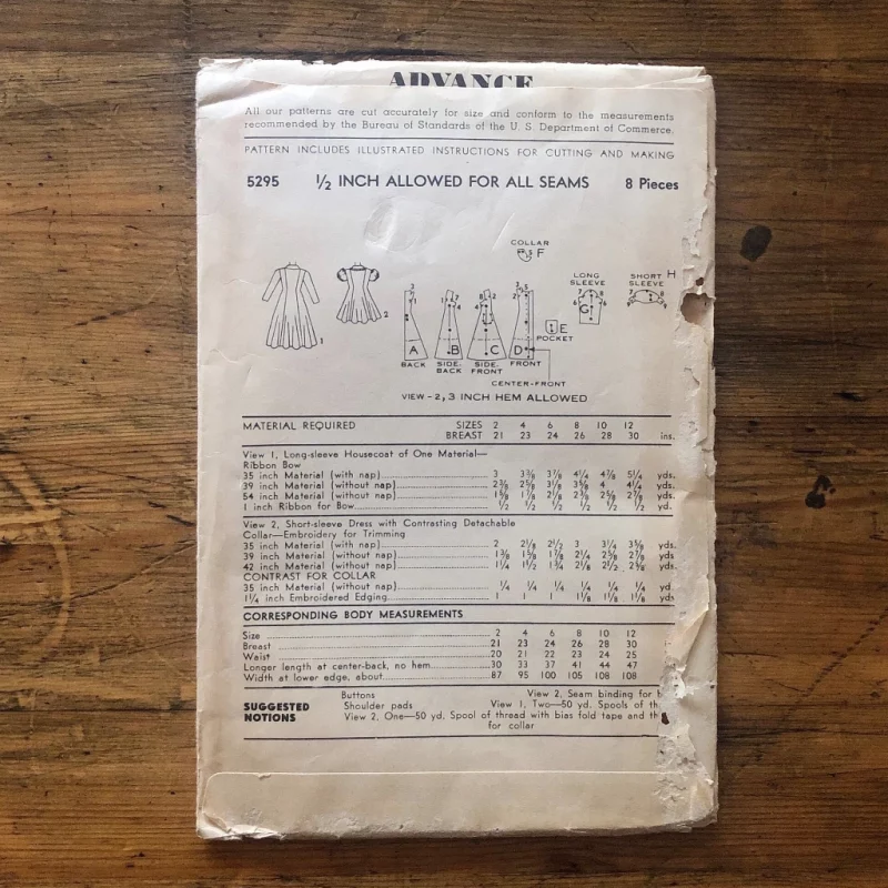 1949 Maxi Housecoat L Child Original 40s Boudoir Paper Sewing Pattern Advance #5295 Bust 30”/76cm • back
