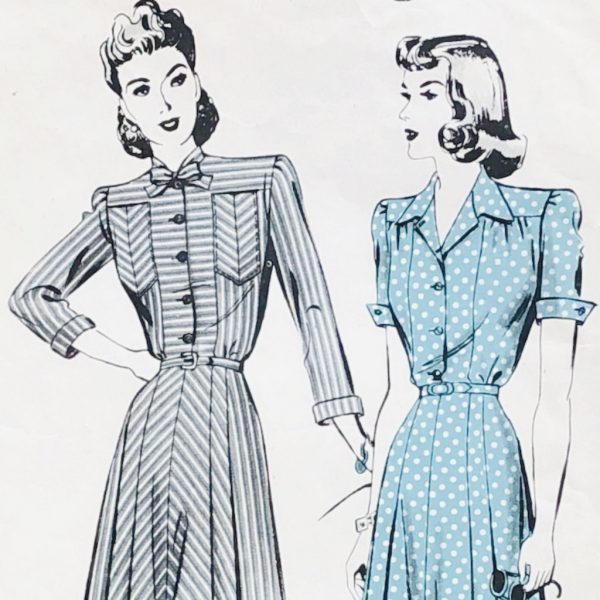 hollywood 1125 close up of style complete 1943 WWII utility Dress in 2 Versions Original 40s Vintage Paper Sewing Pattern Original | Hollywood #1125 | Bust 32"- all