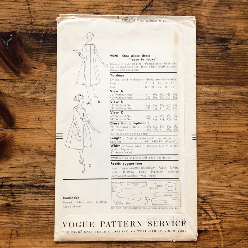 vogue 9520; ©1958; woman 14; bust 34: party dress; paper sewing pattern - envelope back
