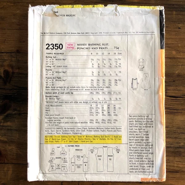 McCall’s #2350;©1970; Bust 32.5"; Barbie-Style Bikini, Bell bottoms & Poncho Paper Sewing Pattern - back