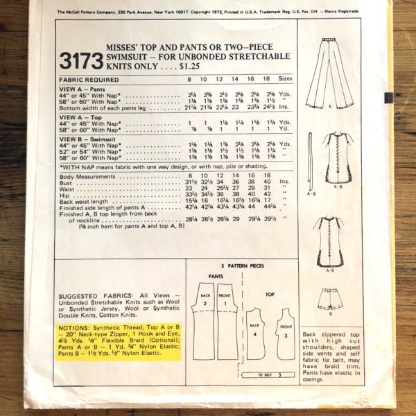 factory fold 1972 knitwear incl. swimsuit, top & bell-bottoms original 70s sports paper sewing pattern McCall’s #3173 B34”/ 86cm - back