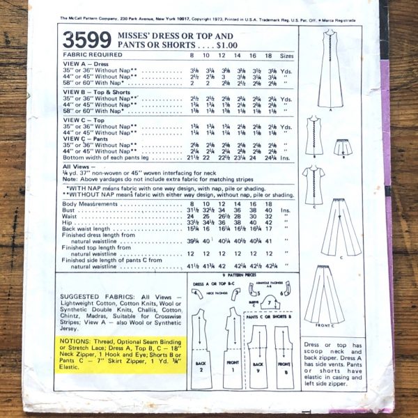 m3599back complete 1973 wardrobe essentials original 70s paper sewing pattern mc call’s #3599 bust 32.5" - back