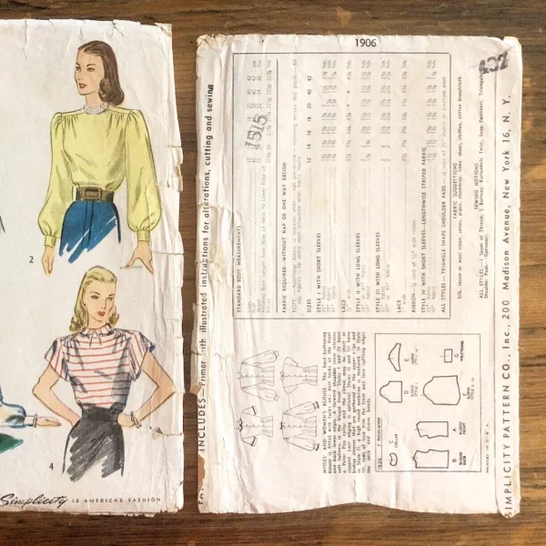 s1906_back_seperated button-back blouse pattern; simplicity 1906; 漏1946; miss 16; bust 34"; back envelope seperated