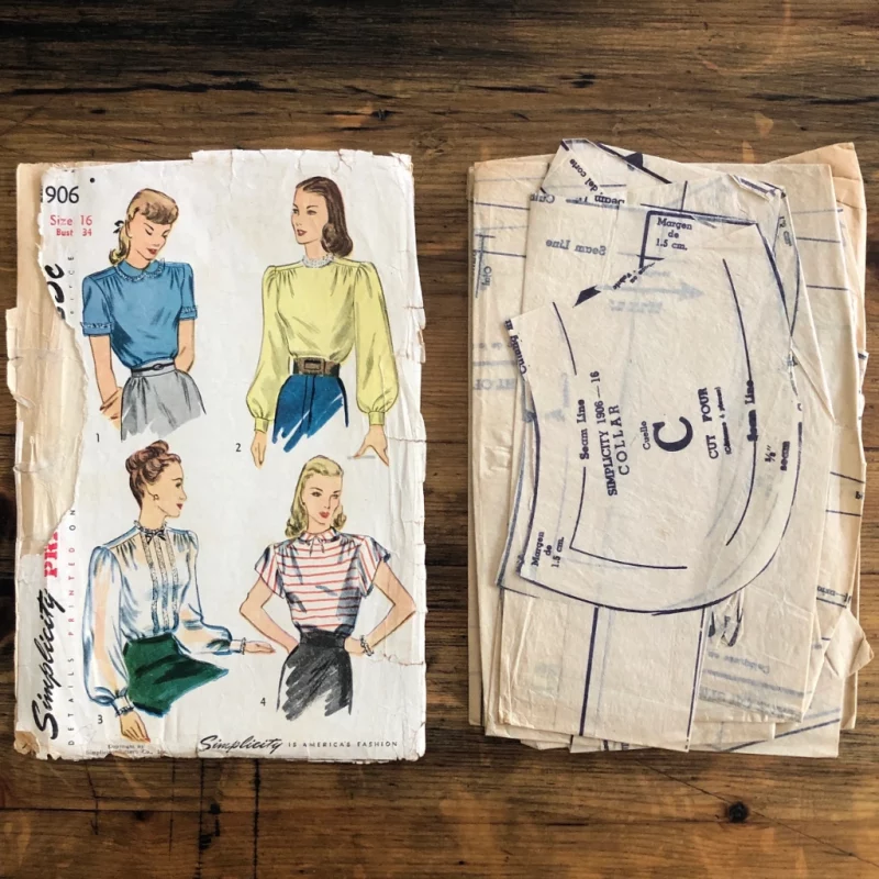 simplicity 1906; ©1946; miss 16; bust 34"; button-back blouse pattern - pieces