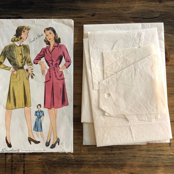s4873pieces complete 1943 shirtwaist dress w pockets original 40s secretary paper sewing pattern simplicity #4873 b32"/81cm - pieces