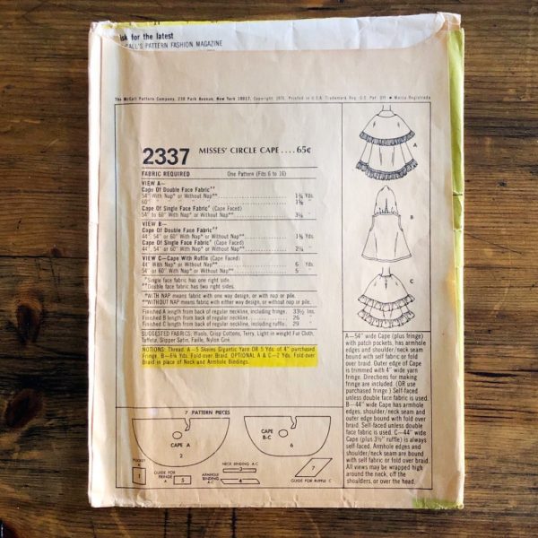 m2337_back_w 1970 HoodedCape Original McCall’s #2337 Paper Sewing Pattern All Sizes • FACTORY FOLD Back envelope