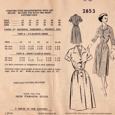 1955 vintage sewing pattern for a dress mail order 2853
