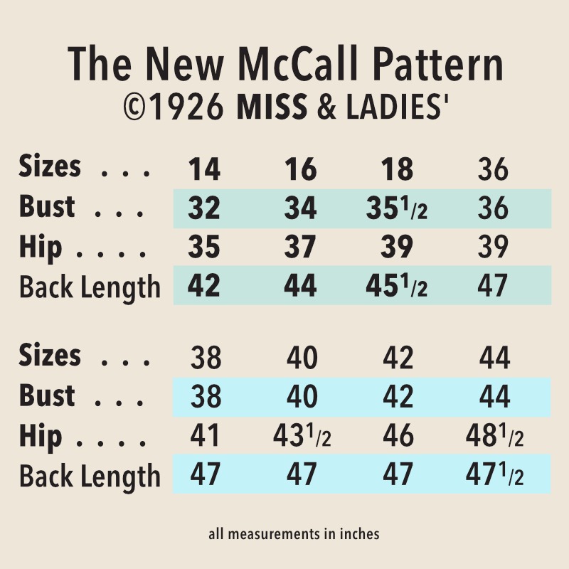 1926 McCall size Table for vintage sewing