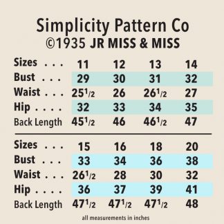 ©1935 Simplicity Patten Co jr miss + miss size chart