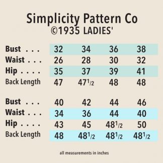 ©1935 Simplicity Patten Co ladies' size chart
