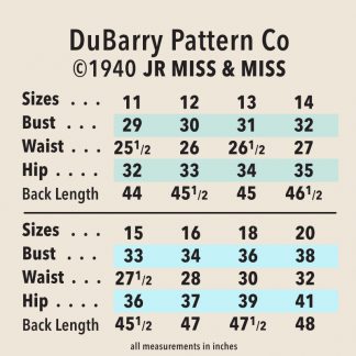 ©1940 DuBarry Patten Co jr & miss size chart