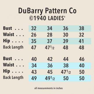 ©1940 DuBarry Patten Co ladies' size chart