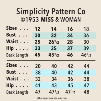 ©1953 Simplicity Pattern Co miss + woman size chart