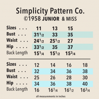 ©1958 Simplicity Pattern Co junior + miss size chart