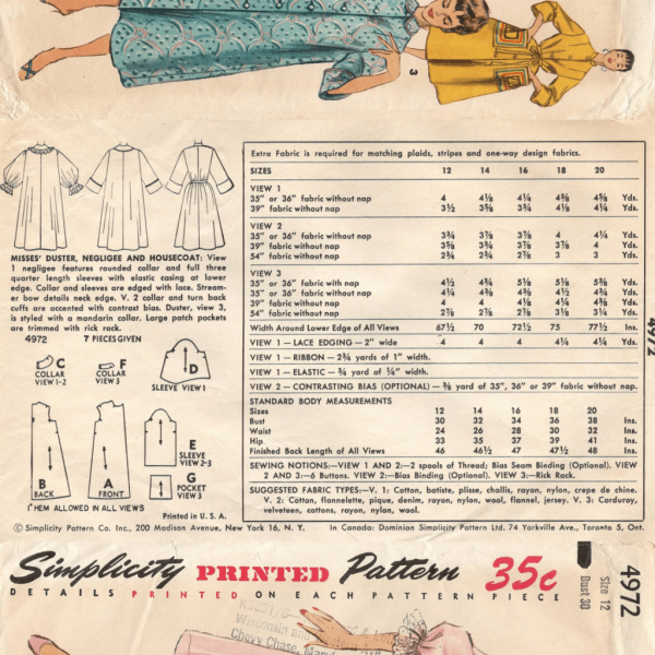 simplicity 4972 50s negligee pattern envelope back unused simplicity 4972 50s housecoat pattern envelope back