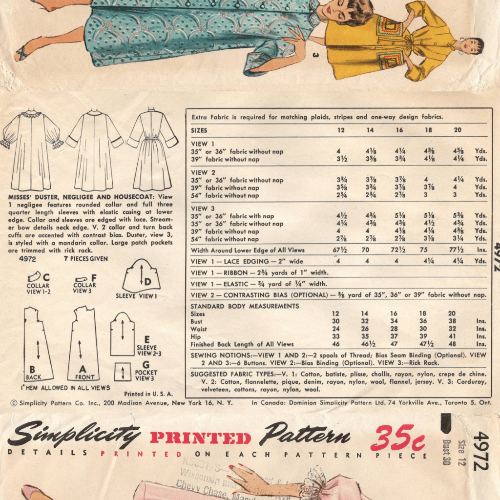 unused simplicity 4972 50s housecoat pattern envelope back