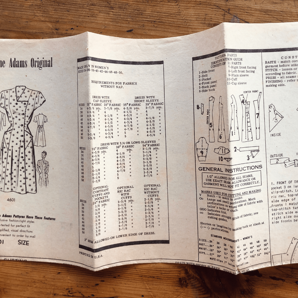 vintage house dress sewing pattern instruction detail Anne Adams #4601 from 1948