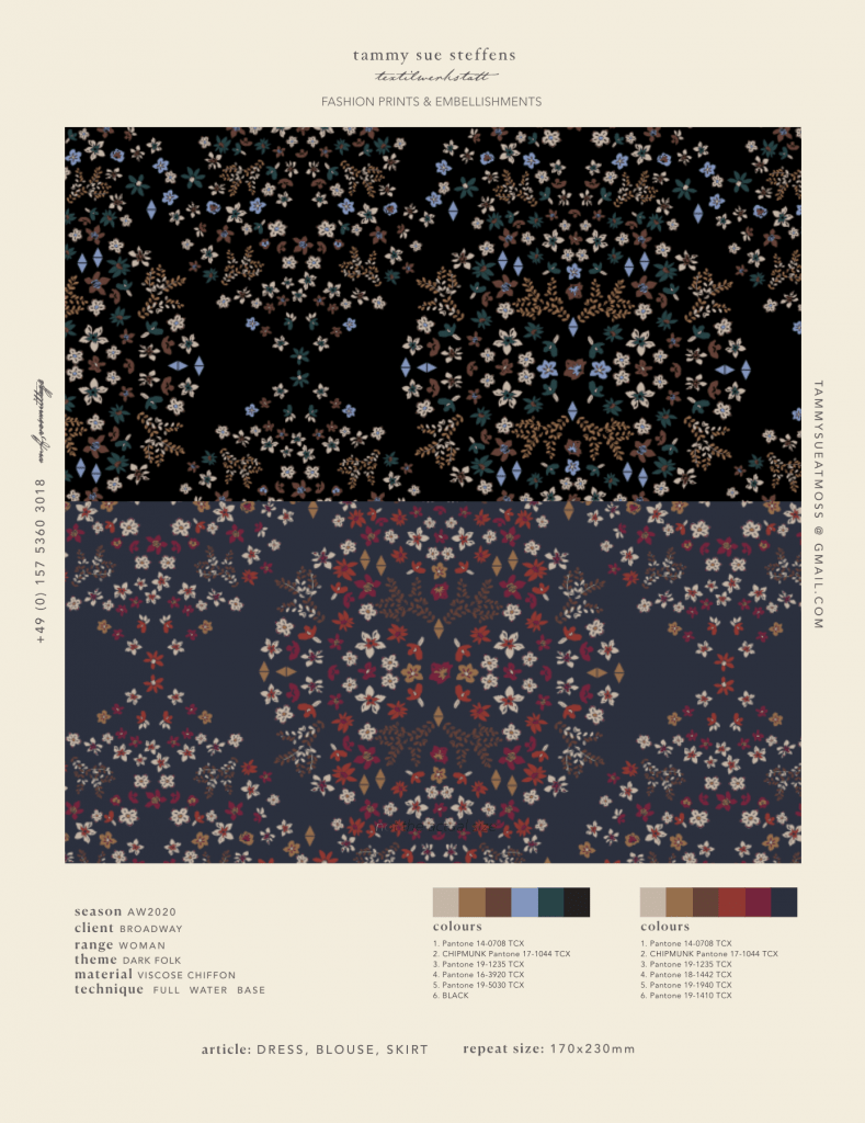 Winter Floral Wallpaper Seamless Print Fashion Artwork by Tammy Sue Steffens in two colourways for Broadway NYC