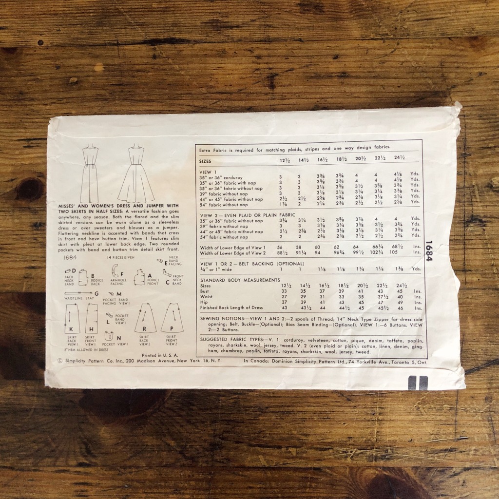 simplicity 1694 dress pattern envlelope back from 1956 with sewing information