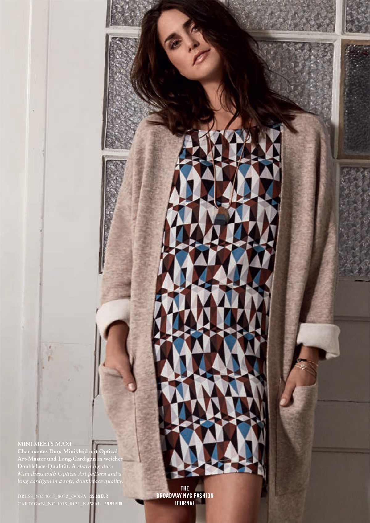 Digital Op-Art AOP by Tammy Sue Steffens on a viscose shift dress with 3/4 sleeves for Broadway NYC