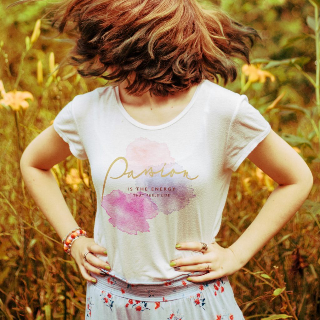 Watercolor Summer Print with Gold Lettering Textile Design by Tammy Sue Steffens on a viscose cotton t-shirt for Broadway NYC