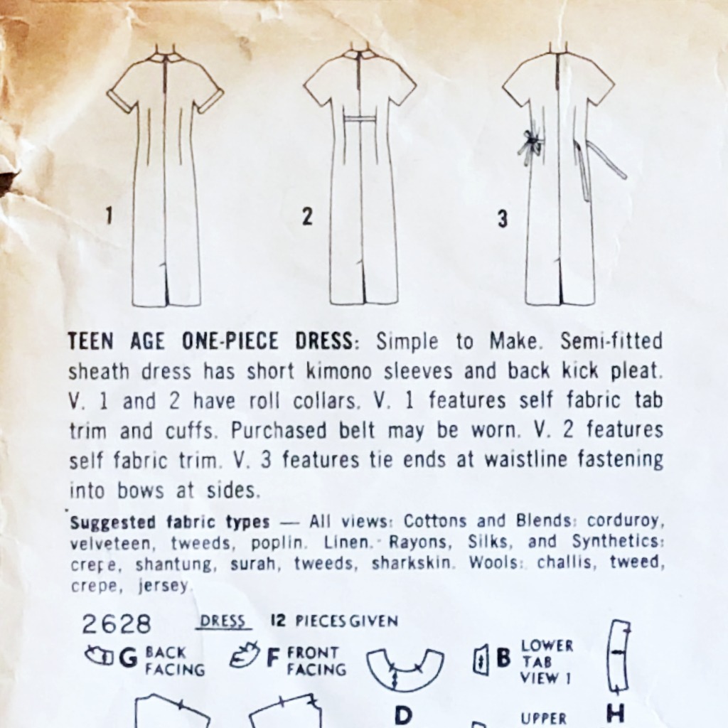 Back view drawings of simplicity 2628 dress pattern from 1958