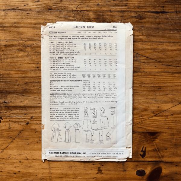 unused 60s shirt dress pattern envelope back advance 9429 vintage 60s classic shirtwaist dress pattern envelope back advance 9429
